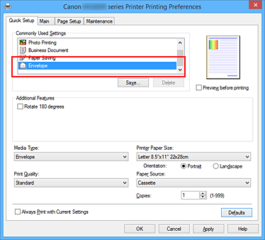 figura:Selectaţi Envelope de la Commonly Used Settings din fila Quick Setup