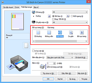 hình: Chọn Vừa trang cho Bố cục trang trên thanh Thiết lập trang