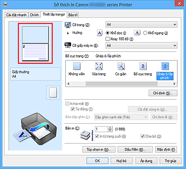 hình: Xem trước Cài đặt được hiển thị trên thanh Thiết lập trang