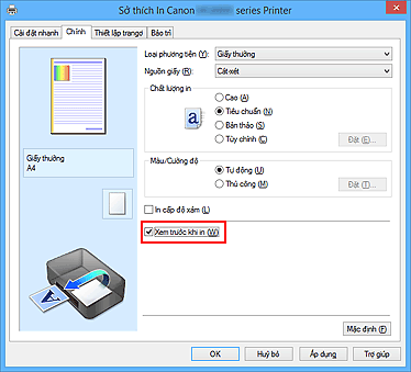 hình: Hộp kiểm Xem trước khi in trên thanh Chính