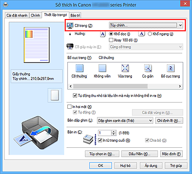 hình: Chọn Tùy chỉnh cho Cỡ trang trên thanh Thiết lập trang