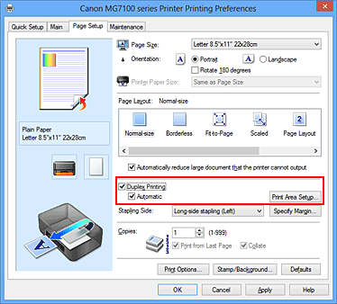 фигура: Квадратче за отметка „Duplex Printing„ в раздела „Page Setup”