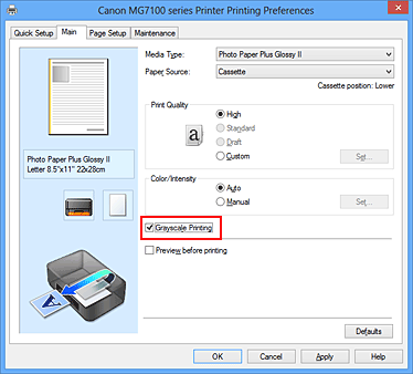 figure:Grayscale Printing check box on the Main tab