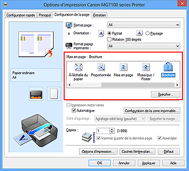 figure : Sélectionnez Brochure comme Mise en page dans l'onglet Configuration de la page.