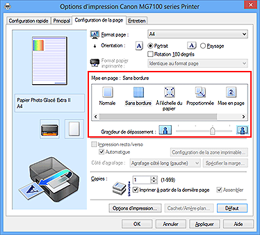 figure : Sélectionnez Sans bordure comme Mise en page dans l'onglet Configuration de la page.