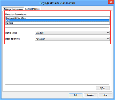 figure : Sélectionnez ICM pour Correction des couleurs dans la boîte de dialogue Réglage des couleurs manuel.