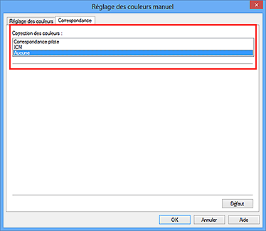 figure : Sélectionnez Aucune pour Correction des couleurs dans la boîte de dialogue Réglage des couleurs manuel.