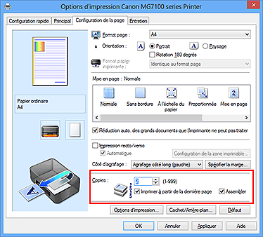 figure : Copies dans l'onglet Configuration de la page