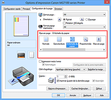 figure : Sélectionnez À l'échelle du papier comme Mise en page dans l'onglet Configuration de la page.