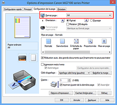 figure : Format page dans l'onglet Configuration de la page