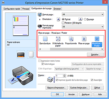 figure : Sélectionnez Mosaïque/Poster comme Mise en page dans l'onglet Configuration de la page.