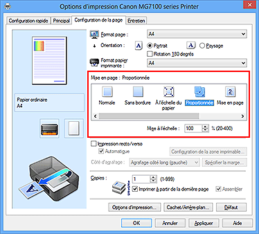 figure : Sélectionnez Proportionnée comme Mise en page dans l'onglet Configuration de la page.