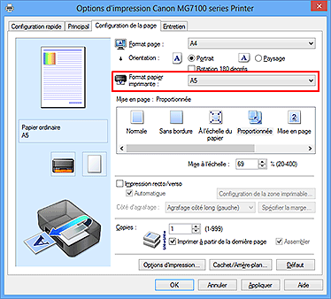 figure : Format papier imprimante dans l'onglet Configuration de la page