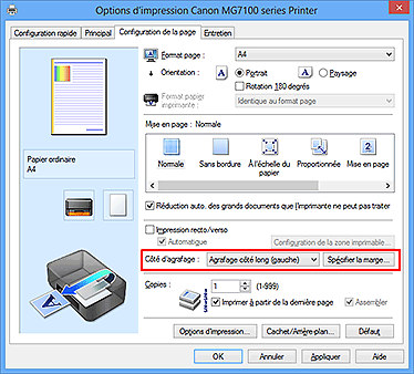 figure : Côté d'agrafage dans l'onglet Configuration de la page