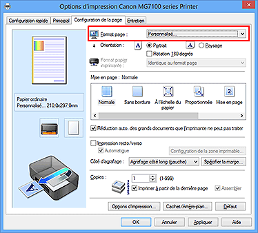 figure : Sélectionnez Personnalisé pour Format page dans l'onglet Configuration de la page.