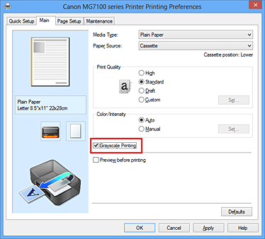 figure:Grayscale Printing check box on the Main tab