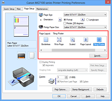 figure:Select Tiling/Poster for Page Layout on the Page Setup tab