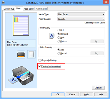 figure:Preview before printing check box on the Main tab