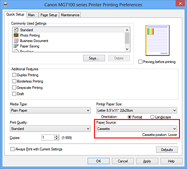 figure:Paper Source on the Quick Setup tab