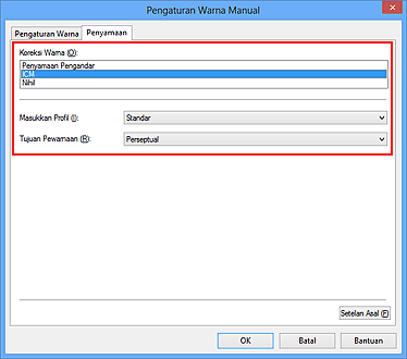 gambar: Pilih ICM untuk Koreksi Warna dalam kotak dialog Pengaturan Warna Manual