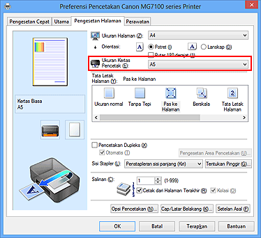 gambar: Ukuran Kertas Pencetak pada tab Pengesetan Halaman