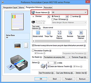 gambar: Ukuran Halaman pada tab Pengesetan Halaman