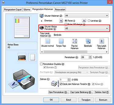 gambar: Ukuran Kertas Pencetak pada tab Pengesetan Halaman