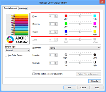 figura: Bilanciamento del colore nella finestra di dialogo Regolazione colore manuale