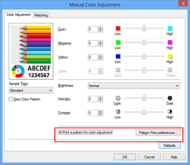 afbeelding: selecteer Een patroon afdrukken voor kleuraanpassing op het tabblad Kleuraanpassing