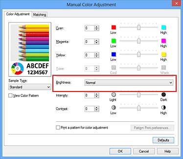 figura:Brightness din caseta de dialog Manual Color Adjustment