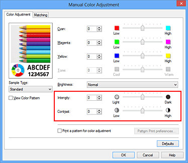 figura: Intensitate/contrast din caseta de dialog Manual Color Adjustment