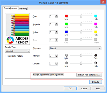 figura:Selectarea Print a pattern for color adjustment de pe fila Color Adjustment