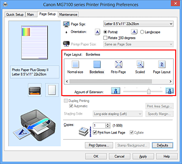 slika: v nastavitvi Page Layout na kartici Page Setup izberite Borderless