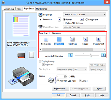 фигура: Избор на &bdquo;Borderless&rdquo; за &bdquo;Page Layout&rdquo; в раздела &bdquo;Page Setup&rdquo;