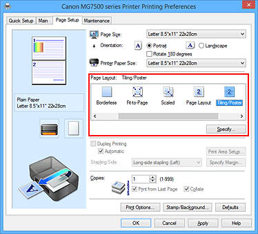 фигура: Избиране на &bdquo;Tiling/Poster&rdquo; за &bdquo;Page Layout&rdquo; в раздела &bdquo;Page Setup&rdquo;