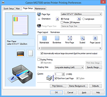 Canon Pixma Handbucher Mg7500 Series Beschreibung Der Registerkarte Seite Einrichten