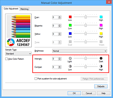 figure:Intensity/contrast on the Manual Color Adjustment dialog box