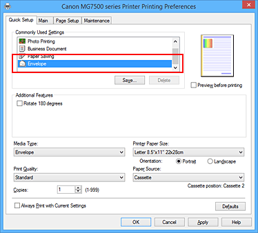 figure:Select Envelope from Commonly Used Settings on the Quick Setup tab