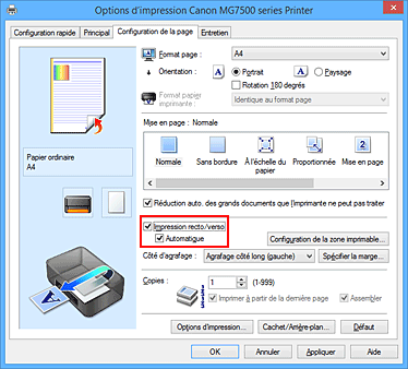 figure : Case à cocher Impression recto/verso dans l'onglet Configuration de la page