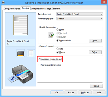 figure : Case à cocher Impression niveau de gris dans l'onglet Principal
