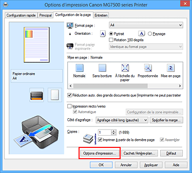 figure : Options d'impression... dans l'onglet Configuration de la page