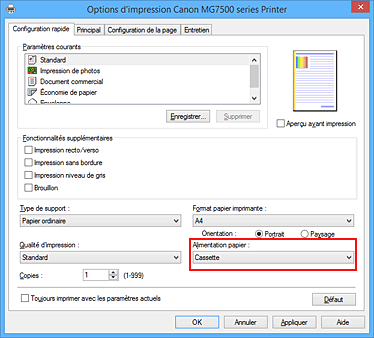 figure : Alimentation papier dans l'onglet Configuration rapide