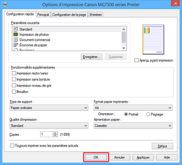 figure : OK dans l'onglet Configuration rapide