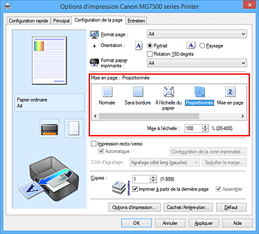 figure : Sélectionnez Proportionnée comme Mise en page dans l'onglet Configuration de la page.