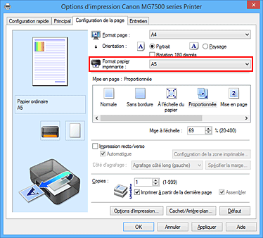 figure : Format papier imprimante dans l'onglet Configuration de la page