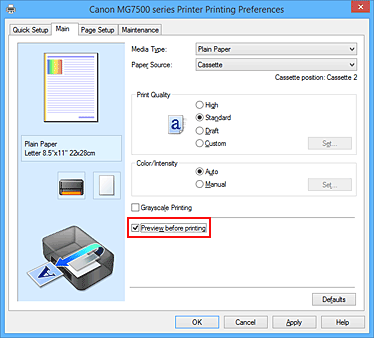 slika: potvrdni okvir Pregled prije ispisa na kartici Glavno