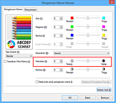 gambar: Intensitas dalam kotak dialog Pengaturan Warna Manual