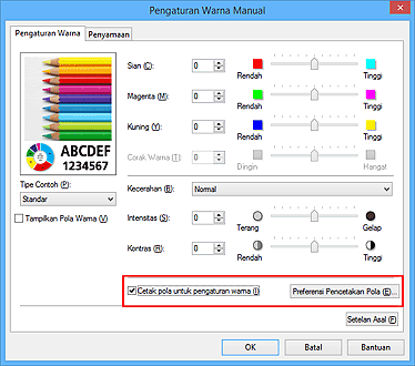 gambar: Pilih Cetak pola untuk pengaturan warna pada tab Pengaturan Warna