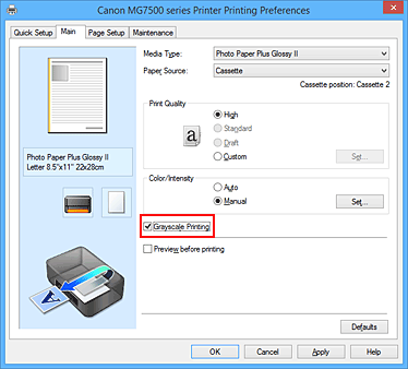 attēls: izvēles rūtiņa Drukāšana pelēktoņos cilnē Galvenie iestatījumi