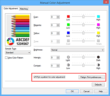 figura:Selecione Imprimir um padrão para o ajuste de cores na guia Ajuste de Cores